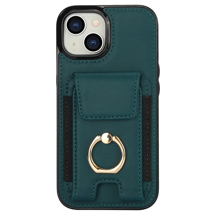 For iPhone 15 Kickstand Case Leather + TPU Phone Cover with Card Holder - Green - 2