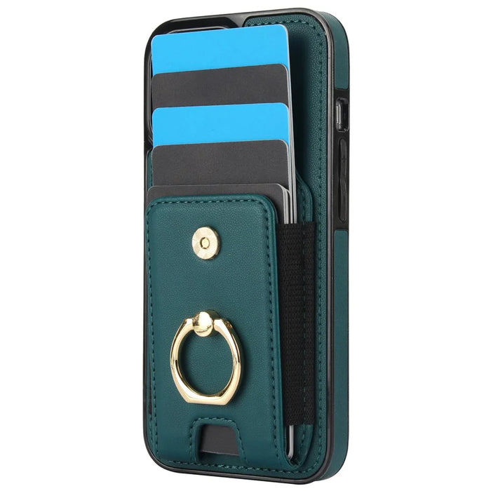 For iPhone 15 Kickstand Case Leather + TPU Phone Cover with Card Holder - Green - 3