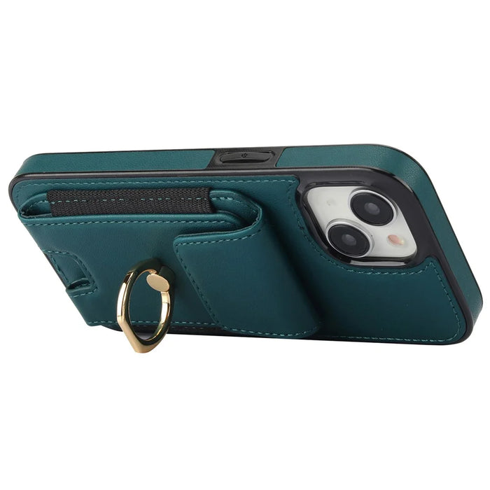 For iPhone 15 Kickstand Case Leather + TPU Phone Cover with Card Holder - Green - 4
