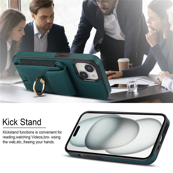 For iPhone 15 Kickstand Case Leather + TPU Phone Cover with Card Holder - Green - 7