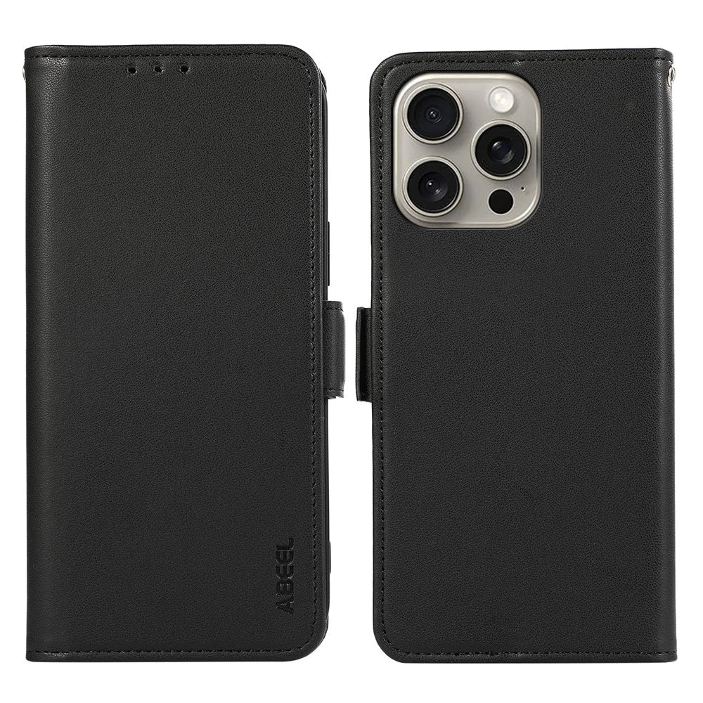 ABEEL For iPhone 15 Pro Max Shockproof Phone Shell Soft PU Leather Phone Stand Case FID Blocking Wallet - Black - 1