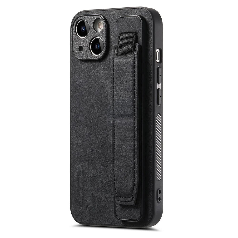 D11 For iPhone 13 6.1 inch Case PU Leather+TPU Wristband Kickstand Phone Cover - Black - 1