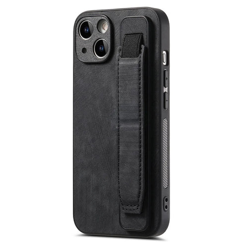 D11 For iPhone 13 6.1 inch Case PU Leather+TPU Wristband Kickstand Phone Cover - Black - 1