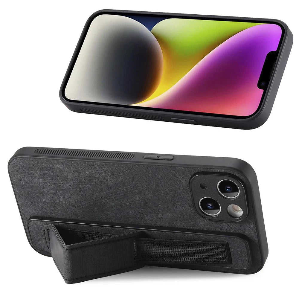 D11 For iPhone 13 6.1 inch Case PU Leather+TPU Wristband Kickstand Phone Cover - Black - 2