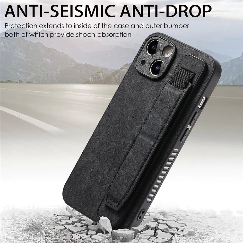 D11 For iPhone 13 6.1 inch Case PU Leather+TPU Wristband Kickstand Phone Cover - Black - 3