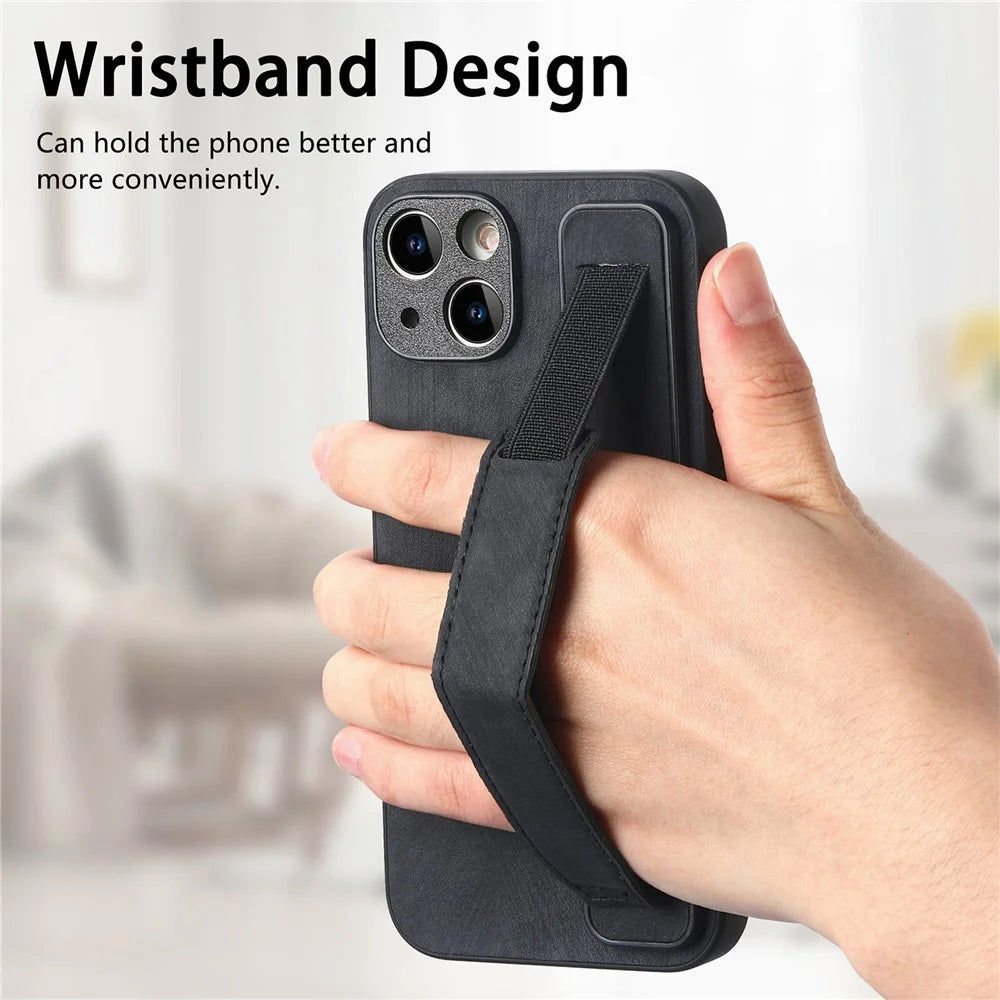 D11 For iPhone 13 6.1 inch Case PU Leather+TPU Wristband Kickstand Phone Cover - Black - 4