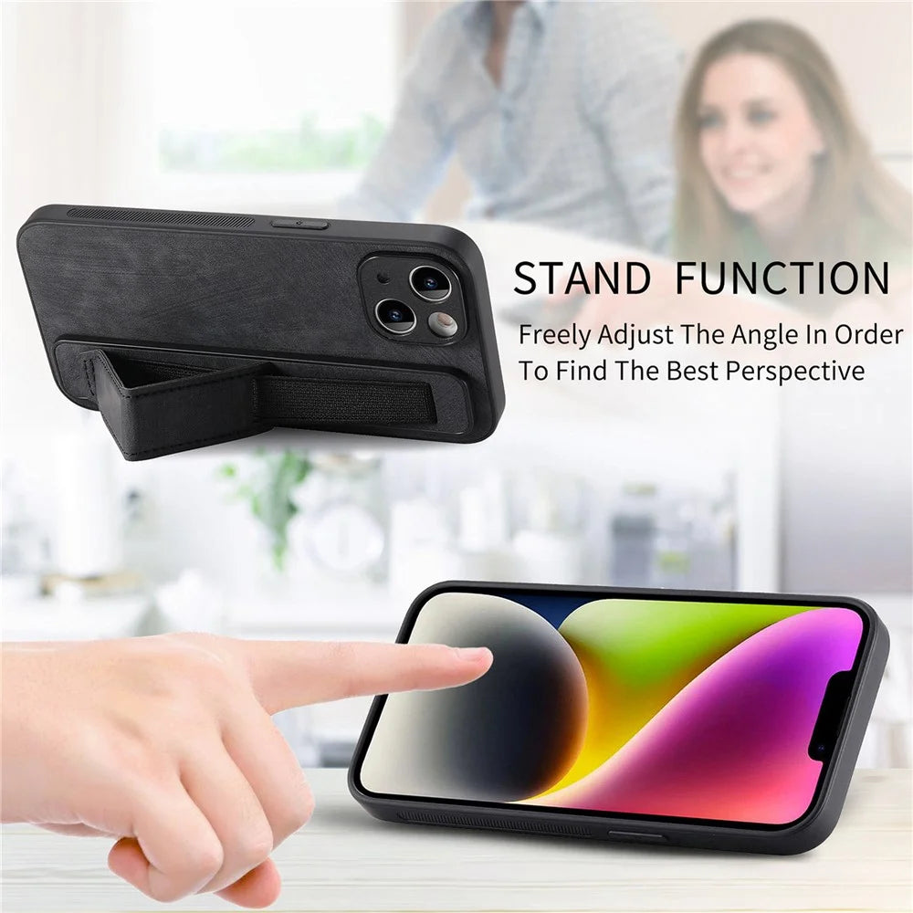 D11 For iPhone 13 6.1 inch Case PU Leather+TPU Wristband Kickstand Phone Cover - Black - 5