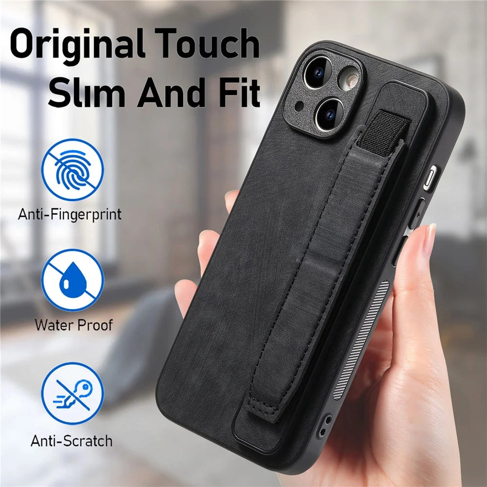 D11 For iPhone 13 6.1 inch Case PU Leather+TPU Wristband Kickstand Phone Cover - Black - 6