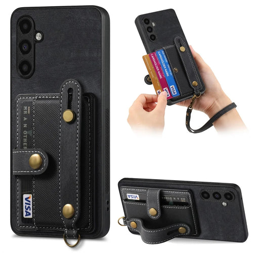 D9 For Samsung Galaxy A54 5G Case Wristband Finger Holder PU Leather Coated PC+TPU Phone Cover - Black - 1