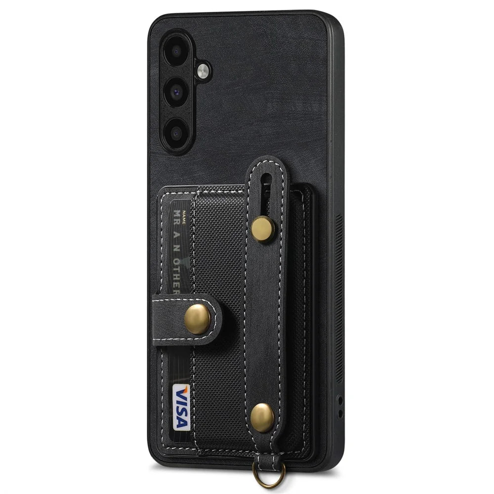 D9 For Samsung Galaxy A54 5G Case Wristband Finger Holder PU Leather Coated PC+TPU Phone Cover - Black - 2