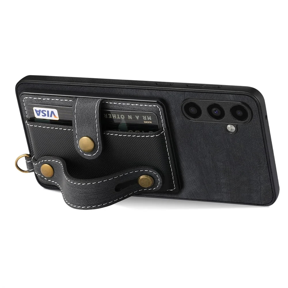 D9 For Samsung Galaxy A54 5G Case Wristband Finger Holder PU Leather Coated PC+TPU Phone Cover - Black - 3