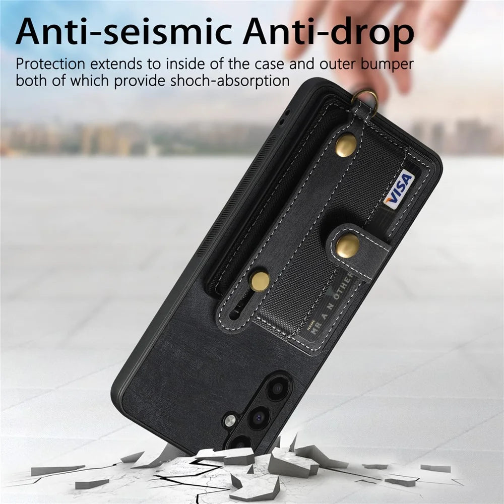 D9 For Samsung Galaxy A54 5G Case Wristband Finger Holder PU Leather Coated PC+TPU Phone Cover - Black - 4