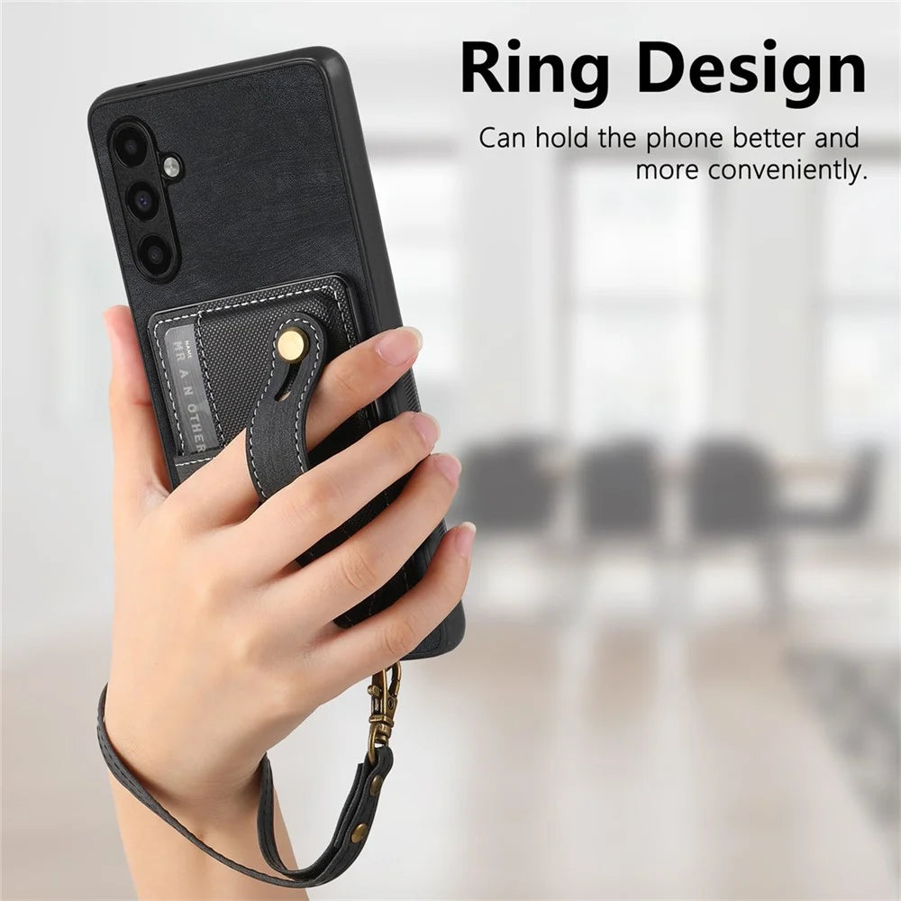 D9 For Samsung Galaxy A54 5G Case Wristband Finger Holder PU Leather Coated PC+TPU Phone Cover - Black - 5
