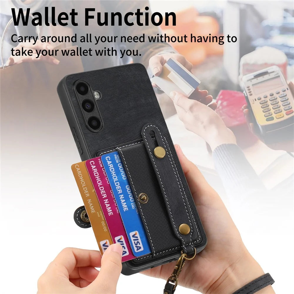 D9 For Samsung Galaxy A54 5G Case Wristband Finger Holder PU Leather Coated PC+TPU Phone Cover - Black - 6