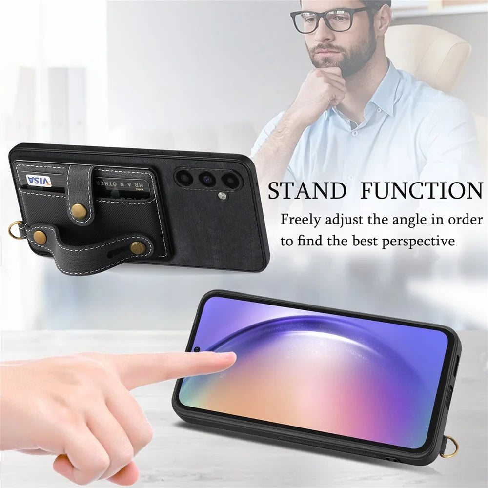 D9 For Samsung Galaxy A54 5G Case Wristband Finger Holder PU Leather Coated PC+TPU Phone Cover - Black - 7