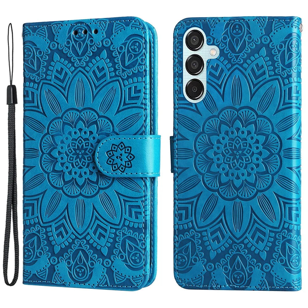 For Samsung Galaxy M15 5G / F15 5G PU Leather Phone Case Imprinted Sunflower Card Holder Stand Phone Cover - Blue - 1
