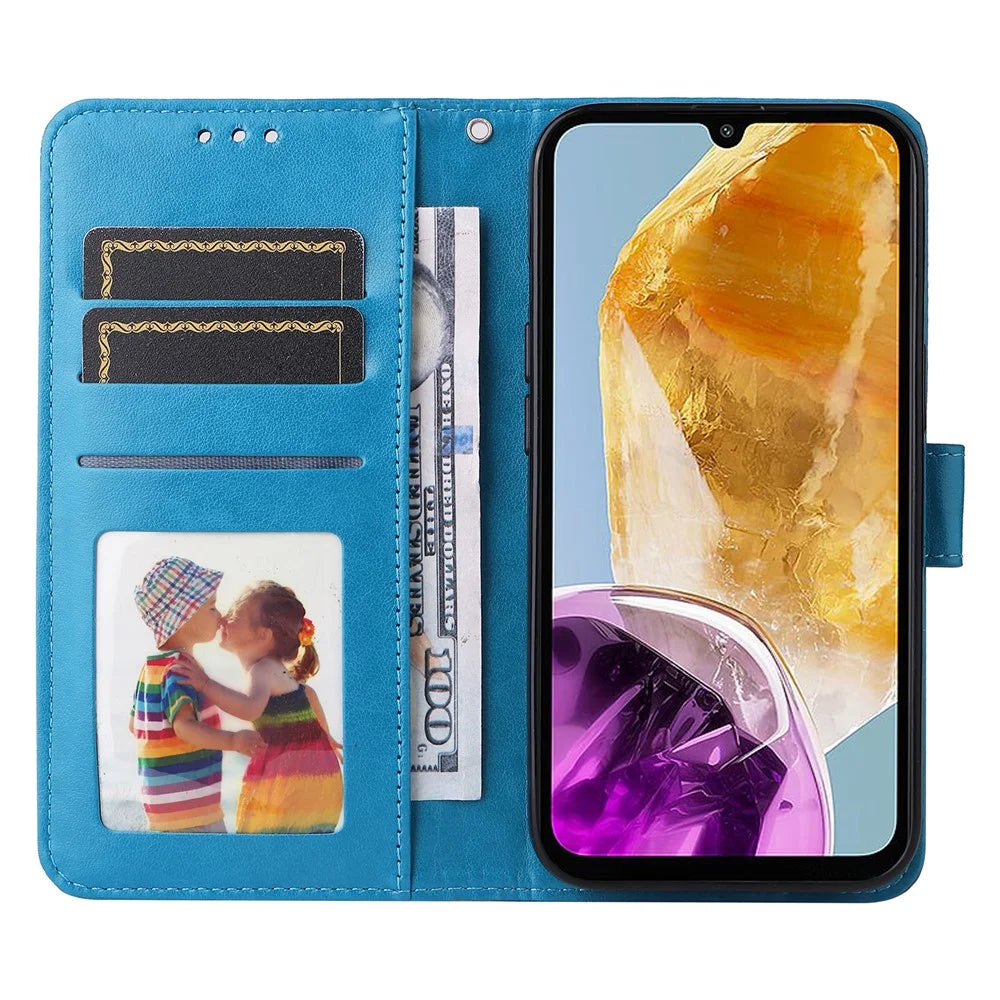For Samsung Galaxy M15 5G / F15 5G PU Leather Phone Case Imprinted Sunflower Card Holder Stand Phone Cover - Blue - 2