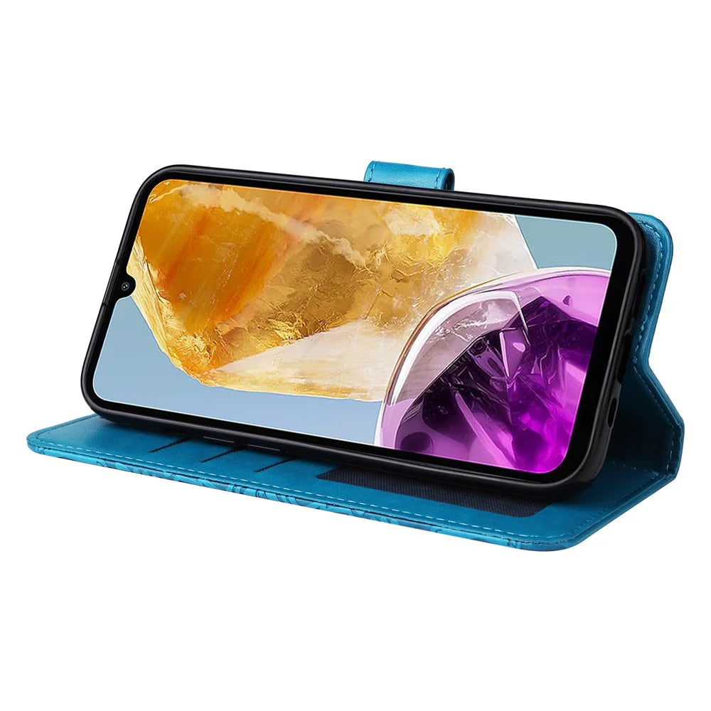 For Samsung Galaxy M15 5G / F15 5G PU Leather Phone Case Imprinted Sunflower Card Holder Stand Phone Cover - Blue - 3