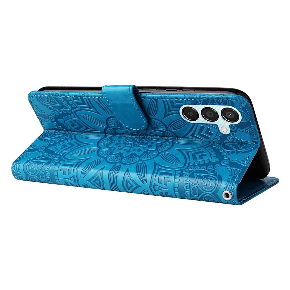 For Samsung Galaxy M15 5G / F15 5G PU Leather Phone Case Imprinted Sunflower Card Holder Stand Phone Cover - Blue - 4