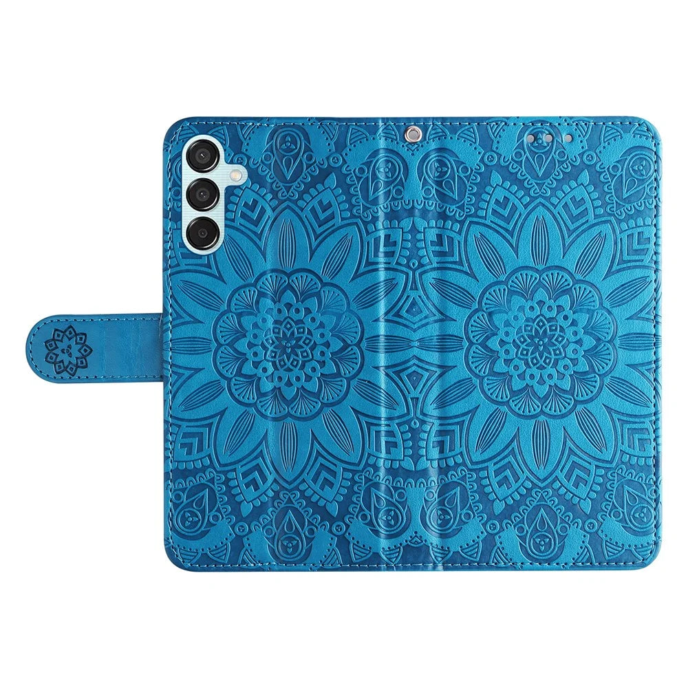 For Samsung Galaxy M15 5G / F15 5G PU Leather Phone Case Imprinted Sunflower Card Holder Stand Phone Cover - Blue - 5