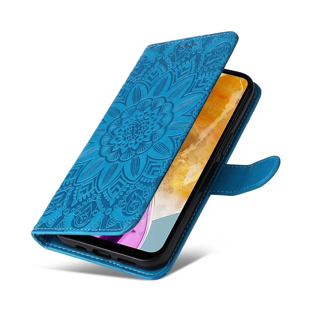 For Samsung Galaxy M15 5G / F15 5G PU Leather Phone Case Imprinted Sunflower Card Holder Stand Phone Cover - Blue - 6