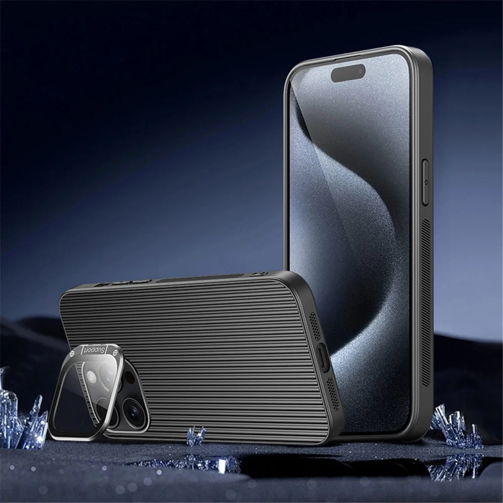 For iPhone 15 Pro Max Magnetic Case Metal Lens Frame Kickstand PC+TPU Phone Cover with Lens Film - Black - 2