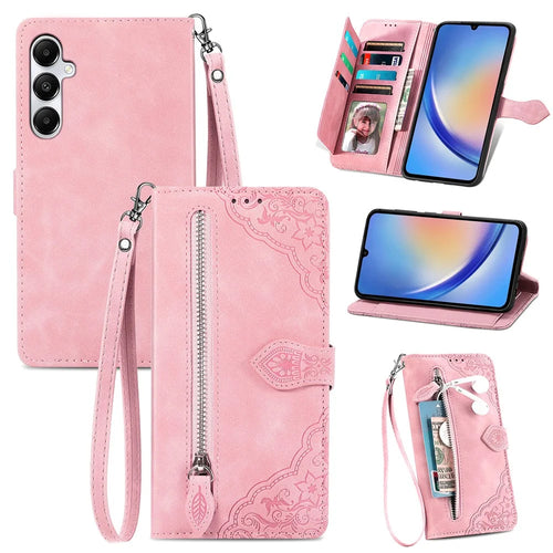 For Samsung Galaxy A15 4G / A15 5G Zipper Wallet Case with Strap Flower Imprint PU Leather Phone Cover - Pink - 1