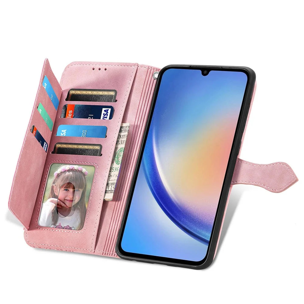 For Samsung Galaxy A15 4G / A15 5G Zipper Wallet Case with Strap Flower Imprint PU Leather Phone Cover - Pink - 2