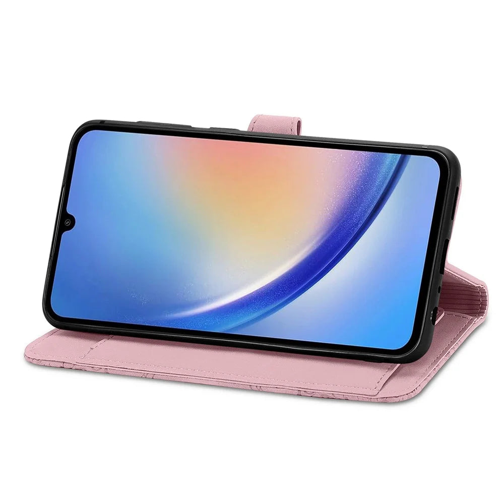 For Samsung Galaxy A15 4G / A15 5G Zipper Wallet Case with Strap Flower Imprint PU Leather Phone Cover - Pink - 3