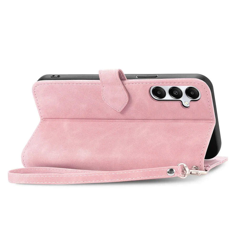 For Samsung Galaxy A15 4G / A15 5G Zipper Wallet Case with Strap Flower Imprint PU Leather Phone Cover - Pink - 4