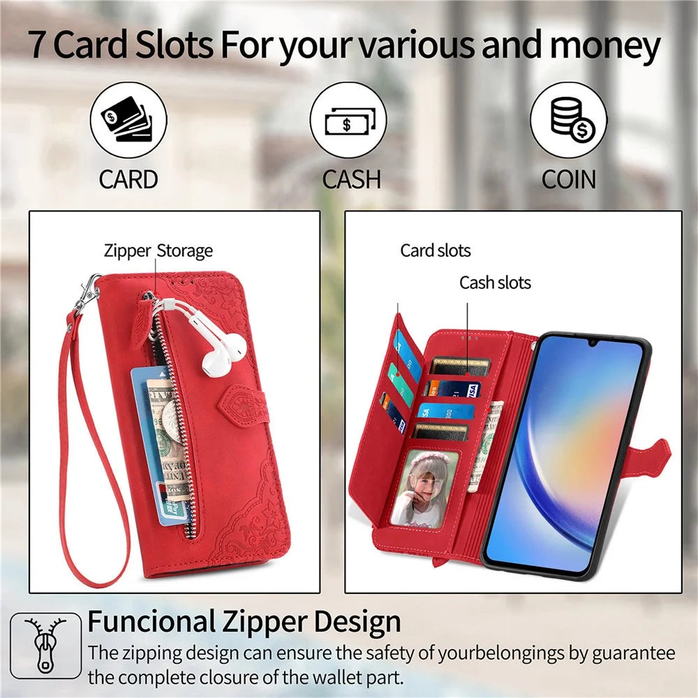 For Samsung Galaxy A15 4G / A15 5G Zipper Wallet Case with Strap Flower Imprint PU Leather Phone Cover - Pink - 5
