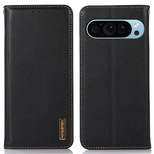 KHAZNEH For Google Pixel 10 Pro / 10 / 9 Pro / 9 Case Genuine Cow Leather RFID Blocking Wallet Flip Folio Phone Cover - Black - 1