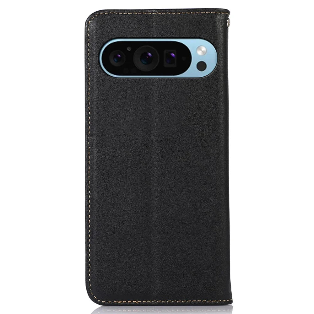 KHAZNEH For Google Pixel 10 Pro / 10 / 9 Pro / 9 Case Genuine Cow Leather RFID Blocking Wallet Flip Folio Phone Cover - Black - 7
