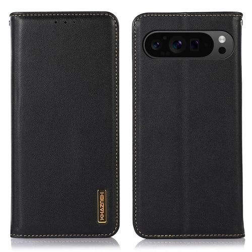 KHAZNEH For Google Pixel 10 Pro XL / 9 Pro XL Case RFID Blocking Genuine Cow Leather Wallet Phone Cover - Black - 1