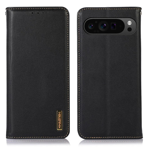 KHAZNEH For Google Pixel 10 Pro XL / 9 Pro XL Case RFID Blocking Genuine Cow Leather Wallet Phone Cover - Black - 1