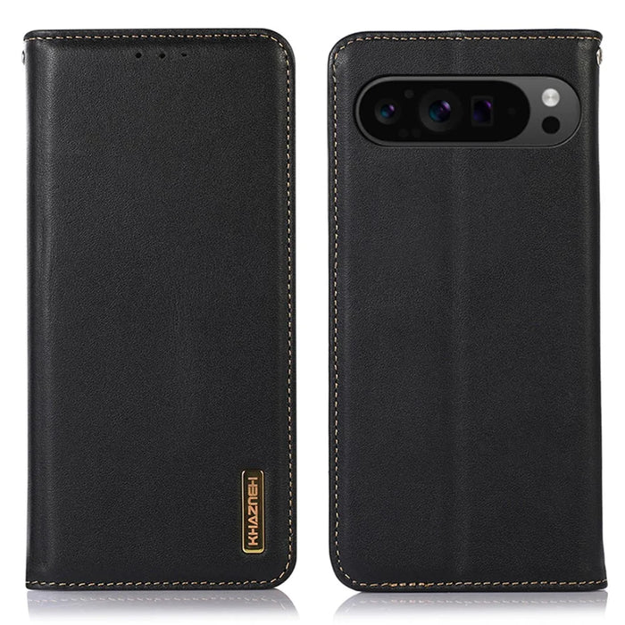 KHAZNEH For Google Pixel 10 Pro XL / 9 Pro XL Case RFID Blocking Genuine Cow Leather Wallet Phone Cover - Black - 1