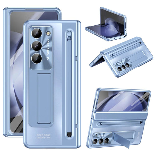 For Samsung Galaxy Z Fold6 5G Kickstand Case Hinge PC Phone Cover with Tempered Glass Film / Stylus - Blue - 1