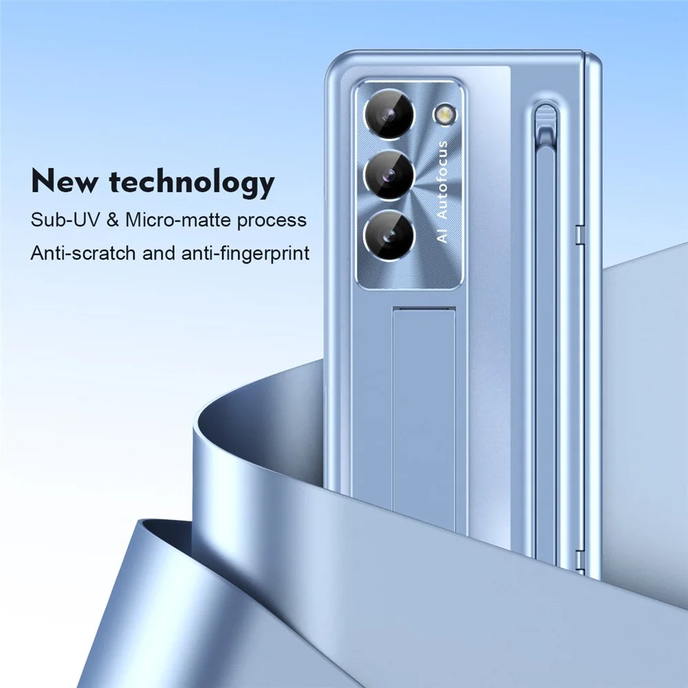 For Samsung Galaxy Z Fold6 5G Kickstand Case Hinge PC Phone Cover with Tempered Glass Film / Stylus - Blue - 2