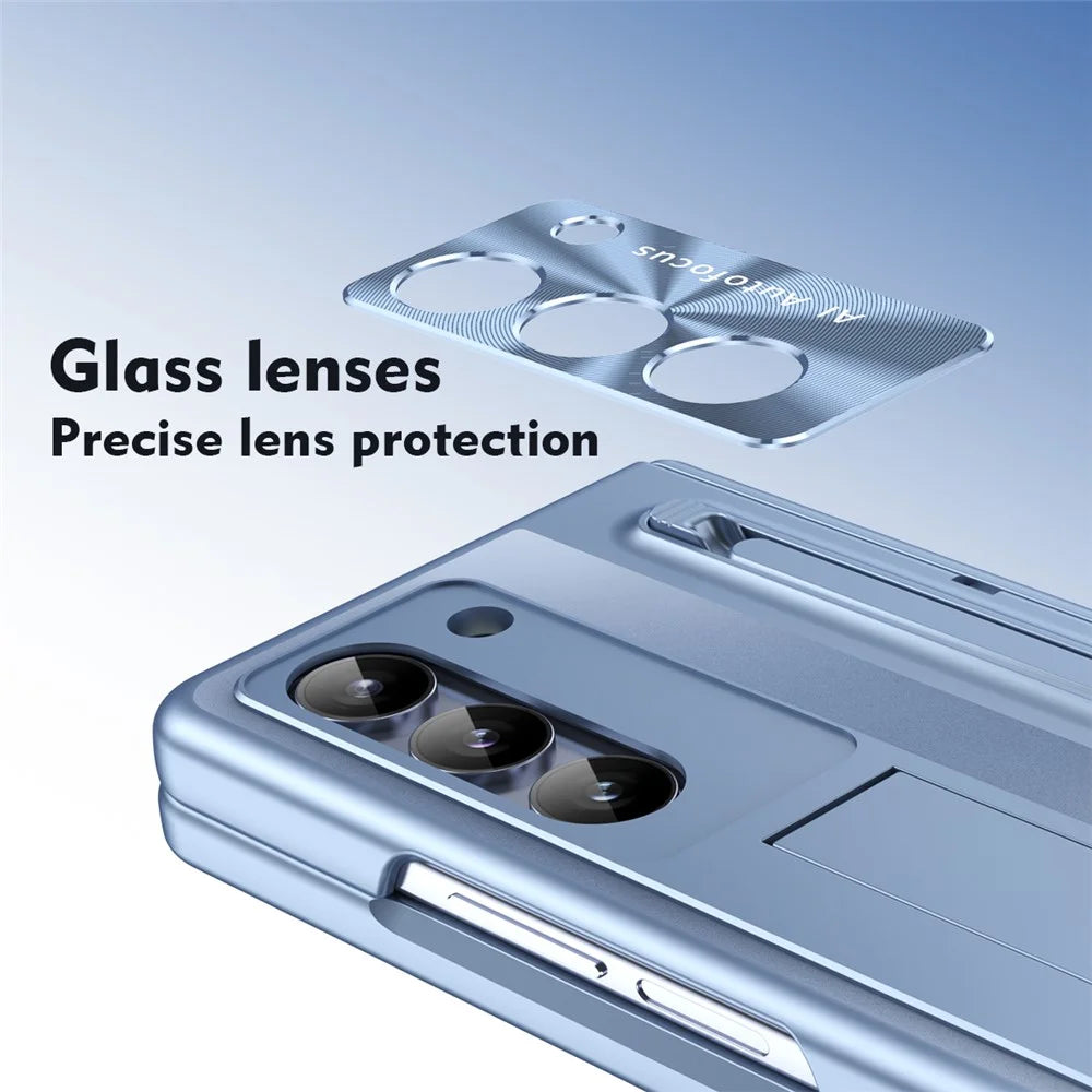 For Samsung Galaxy Z Fold6 5G Kickstand Case Hinge PC Phone Cover with Tempered Glass Film / Stylus - Blue - 3