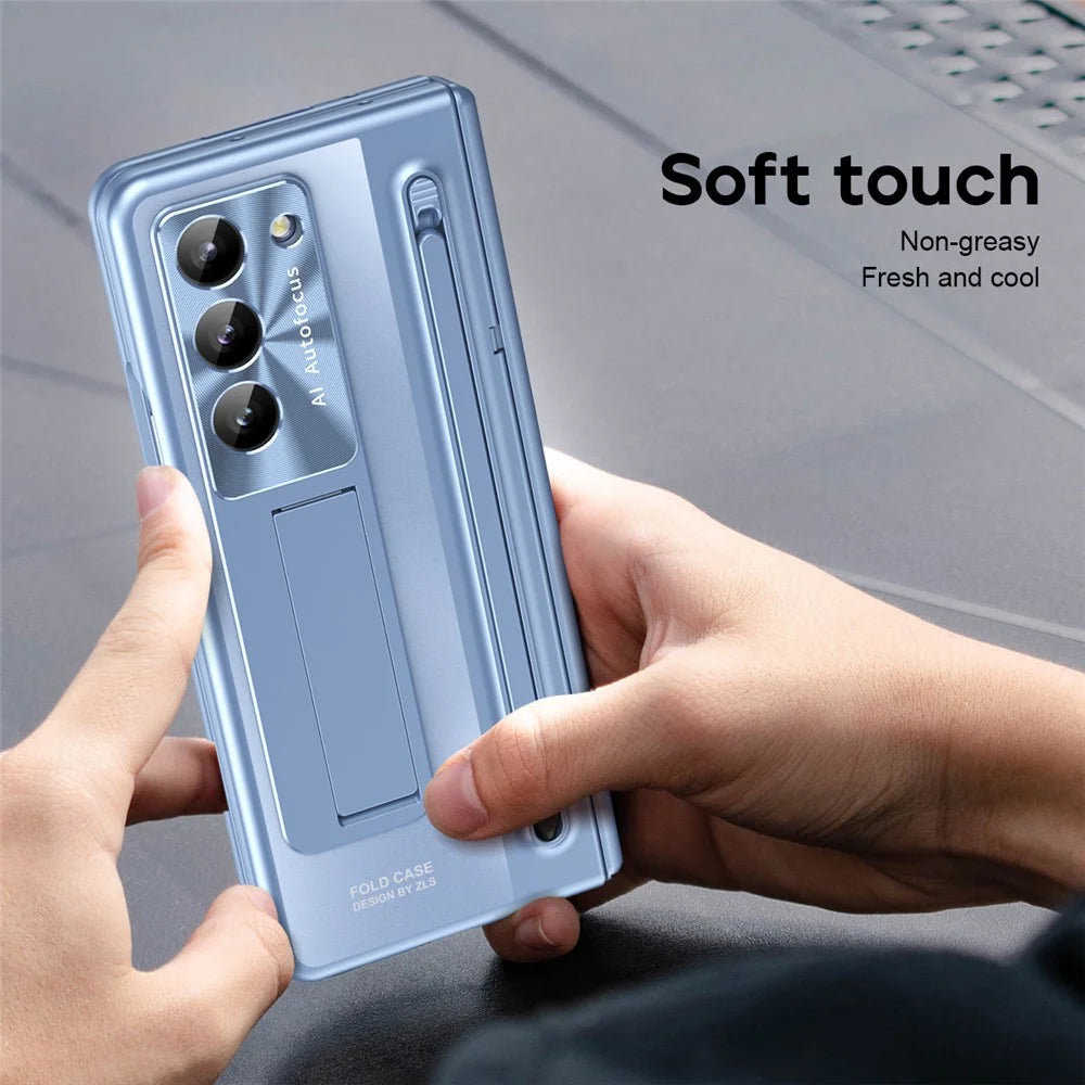 For Samsung Galaxy Z Fold6 5G Kickstand Case Hinge PC Phone Cover with Tempered Glass Film / Stylus - Blue - 4