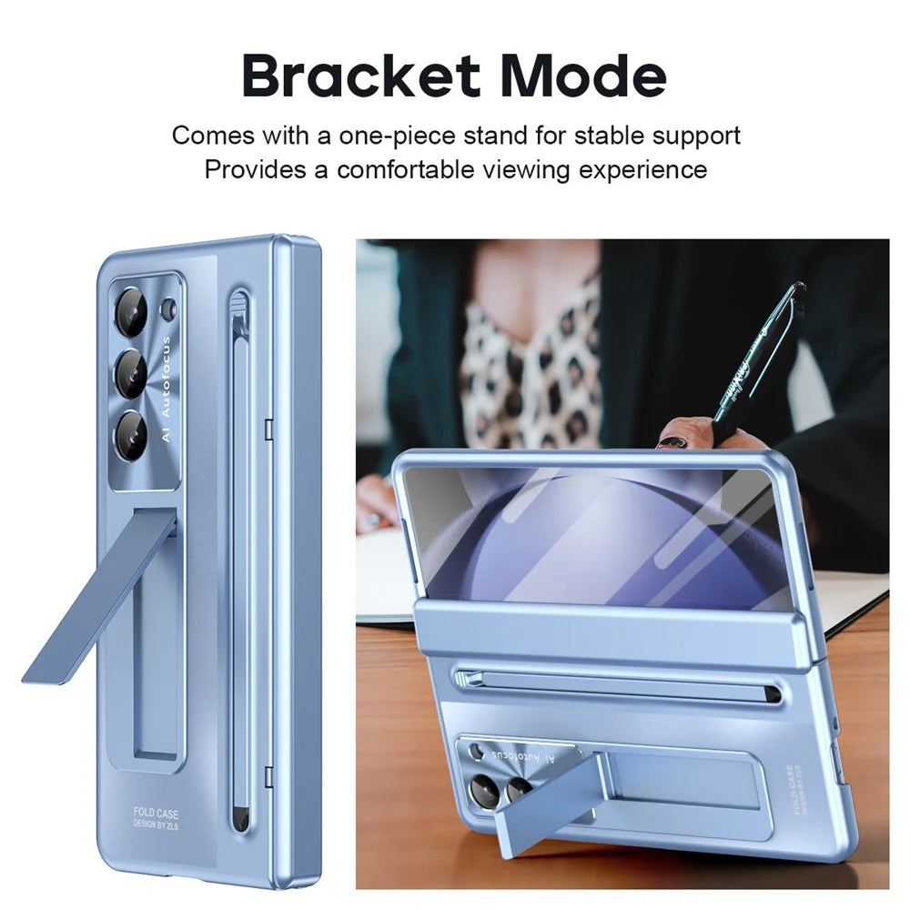 For Samsung Galaxy Z Fold6 5G Kickstand Case Hinge PC Phone Cover with Tempered Glass Film / Stylus - Blue - 5