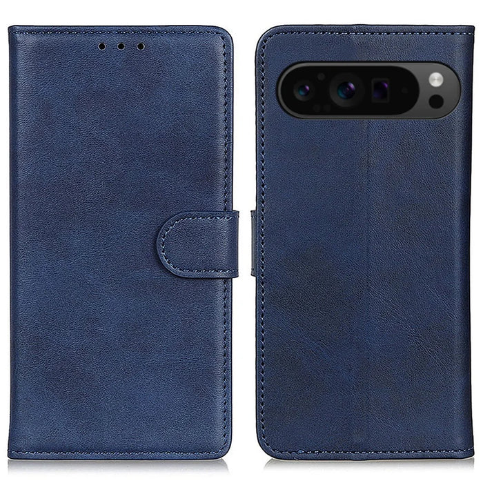 For Google Pixel 10 Pro XL / 9 Pro XL Case Cowhide Texture Leather Wallet Stand Shockproof Phone Cover - Blue - 1