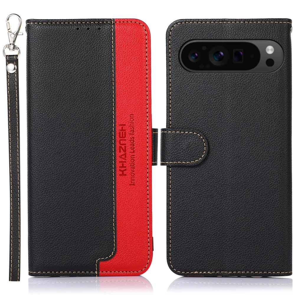 KHAZNEH For Google Pixel 10 Pro / 10 / 9 Pro / 9 Wallet Case RFID Blocking Litchi Texture Leather Phone Cover - Black - 1