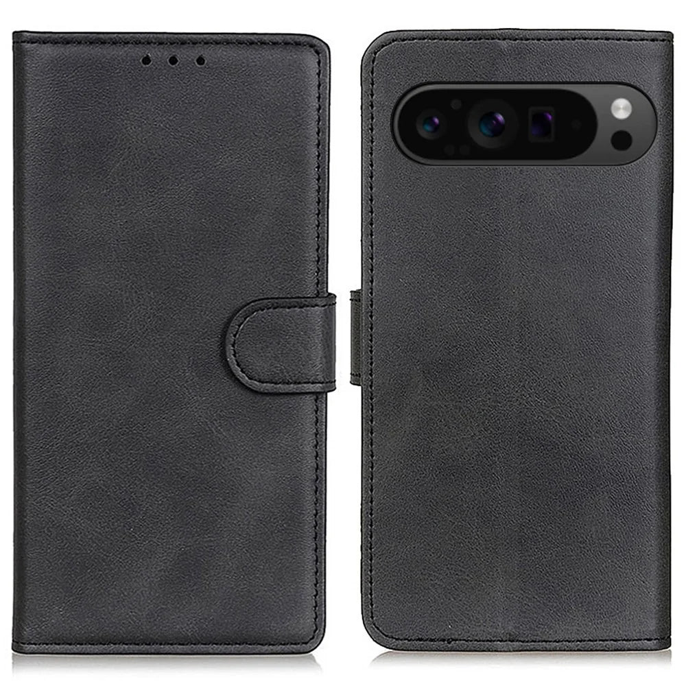 For Google Pixel 10 Pro / 10 / 9 Pro / 9 Cell Phone Case Cowhide Texture Magnetic Clasp Leather Wallet Full Protection Cover - Black - 1
