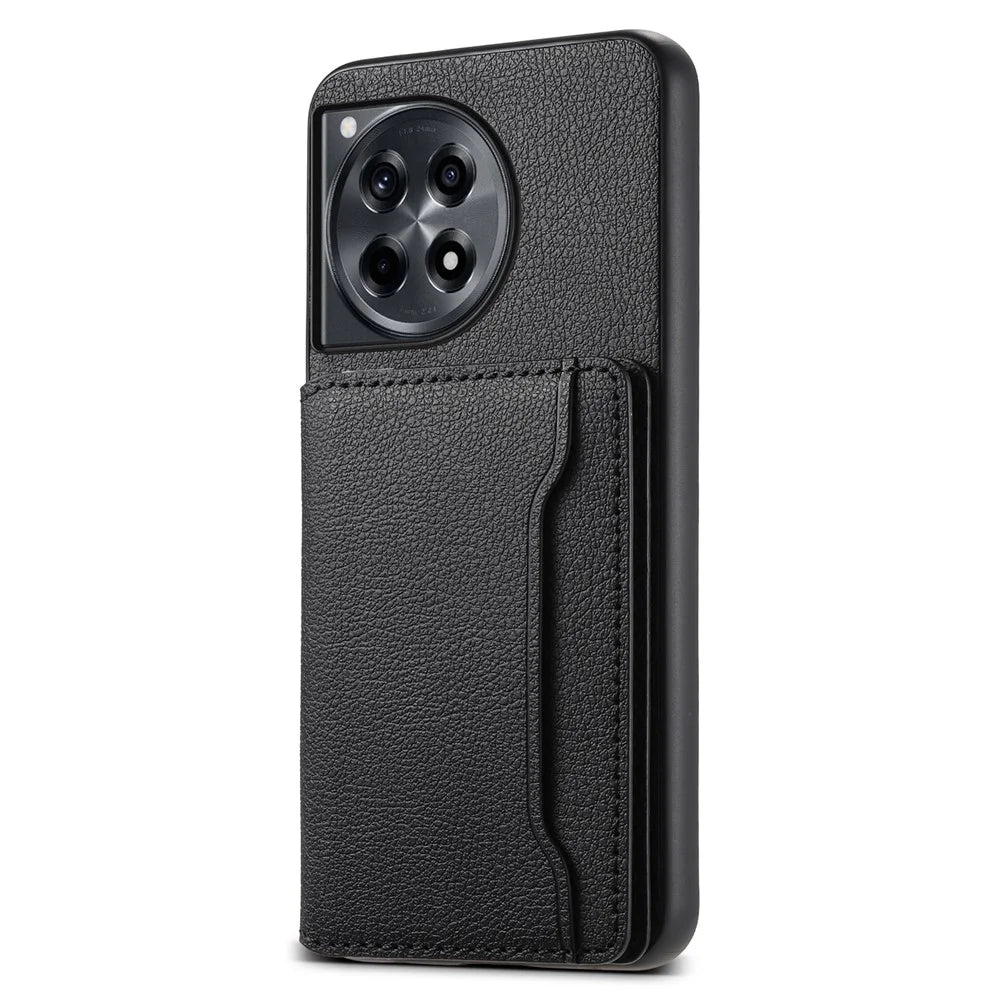 For OnePlus Ace 3 5G / 12R 5G Case Card Slots Leather Coated PC+TPU Kickstand Phone Cover - Black - 1