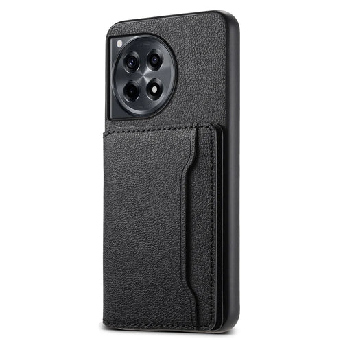 For OnePlus Ace 3 5G / 12R 5G Case Card Slots Leather Coated PC+TPU Kickstand Phone Cover - Black - 1