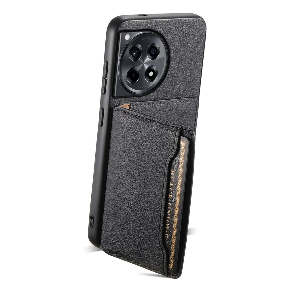 For OnePlus Ace 3 5G / 12R 5G Case Card Slots Leather Coated PC+TPU Kickstand Phone Cover - Black - 2