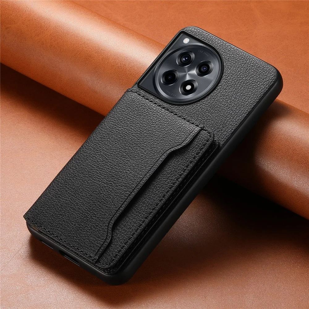 For OnePlus Ace 3 5G / 12R 5G Case Card Slots Leather Coated PC+TPU Kickstand Phone Cover - Black - 6