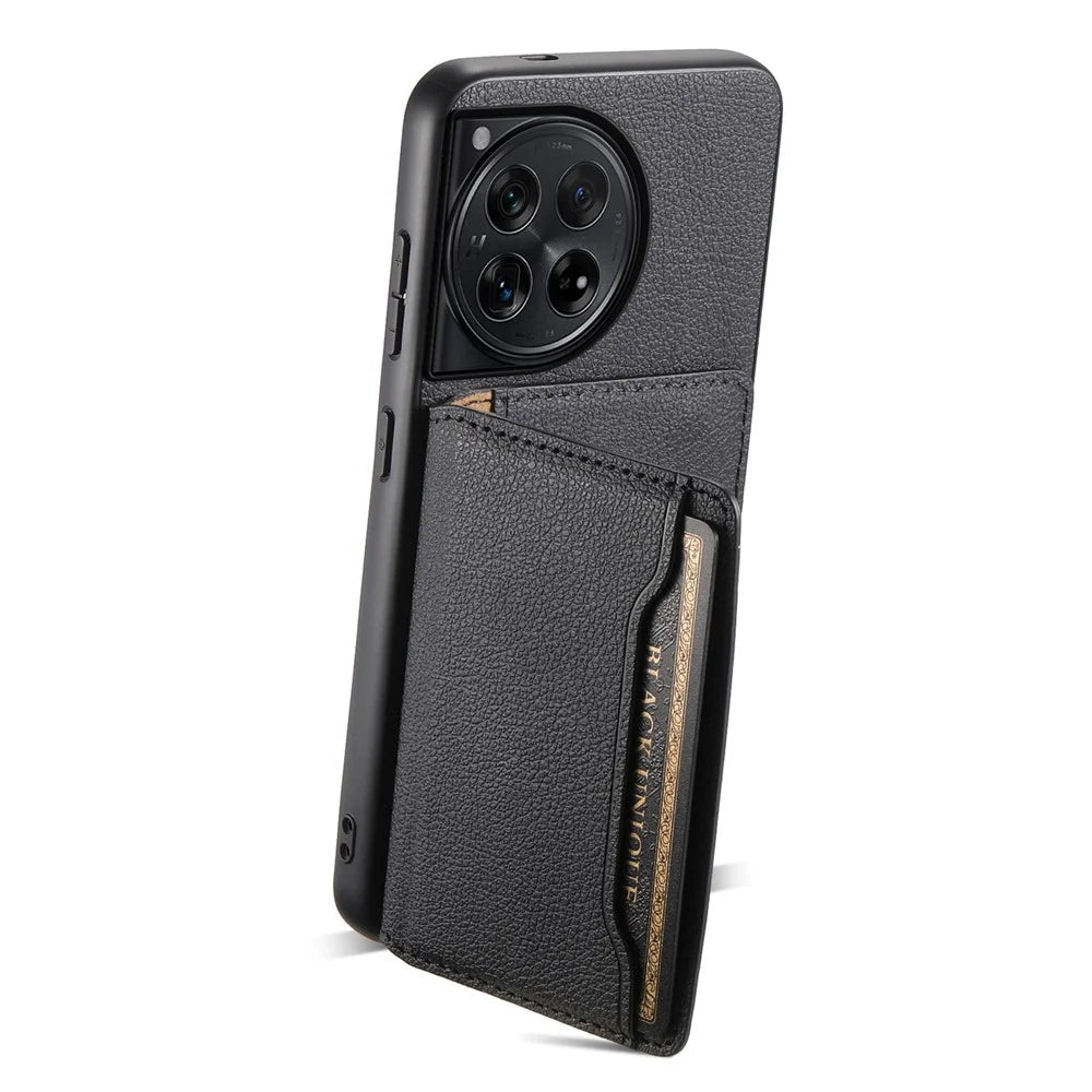 For OnePlus 12 5G Case Calf Texture PU Leather Card Slots Phone Cover - Black - 2