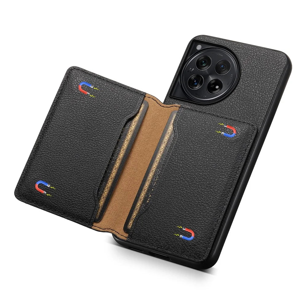 For OnePlus 12 5G Case Calf Texture PU Leather Card Slots Phone Cover - Black - 4